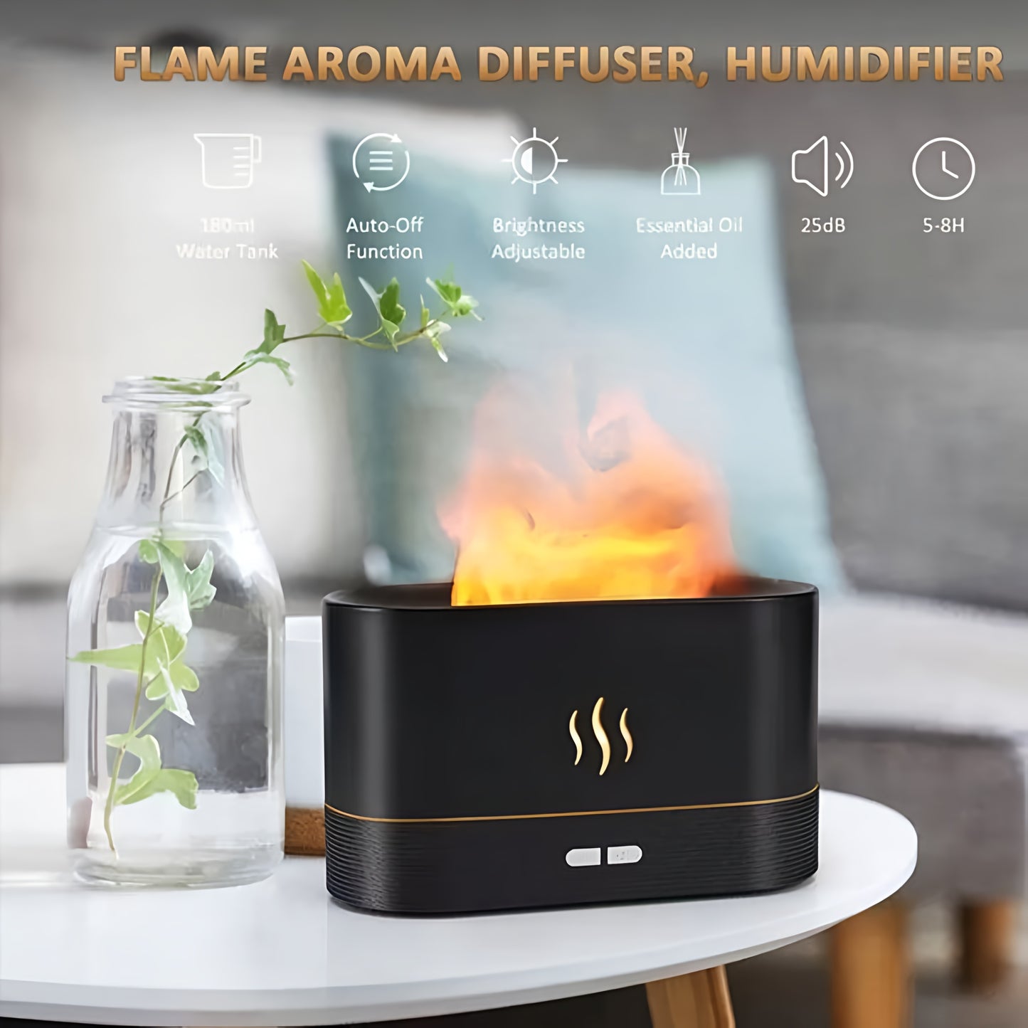 Ultrasonic Aroma Diffuser & Cool Mist Humidifier – LED Flame Lamp