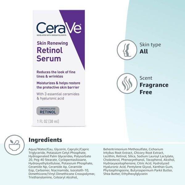 Cerave, Skin Renewing Retinol Serum, (30 Ml) Lcerave Skin Renewing Serum With Retinol – Anti-aging & Smoothing Formula(30 Ml) L