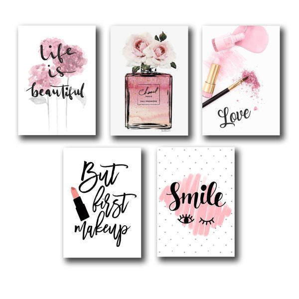 Set Of 5 Make Up Themed Girls Room Decor Wall Art Wooden Sticky Phototile Frames (8 X 11 Inches)
